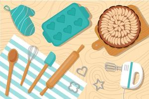 Baking utensils and apple pie on the table. vector