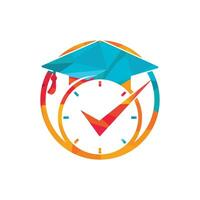 diseño del logotipo del vector de tiempo de estudio. sombrero de graduación con diseño de icono de reloj y cheque.