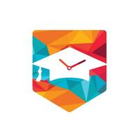 diseño del logotipo del vector de tiempo de estudio. sombrero de graduación con diseño de icono de reloj.