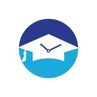 diseño del logotipo del vector de tiempo de estudio. sombrero de graduación con diseño de icono de reloj.