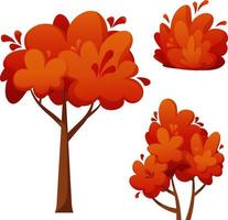 árbol de otoño y arbustos en estilo de dibujos animados, árbol de naranja brillante y arbustos vector