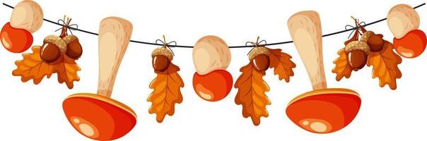 Aspen mushrooms on a rope, garland with mushrooms and acorns, autumn garland vector