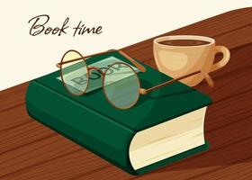 hora del libro, día del libro. libro, vasos y taza de café o té en la mesa vector