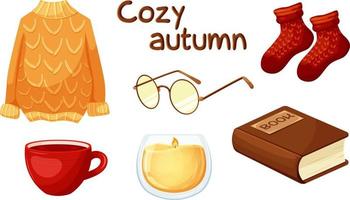 Cozy autumn, lazy, comfortable autumn, autumn hobbies. Set of elements of cozy autumn. Glasses, book, knitted sweater, knitted socks, candlestick, cup of tea vector