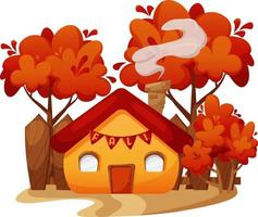 casa acogedora de otoño con una valla, una pequeña casa en el fondo de los árboles de otoño vector