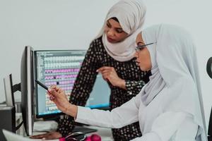 Friends at the office two young modern Muslim businesswomen wearing scarf in creative bright office workplace with a big screen photo