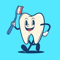 Retro vintage dental teeth holding toothbrush cartoon mascot logo illustration vector