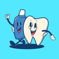 Retro vintage dental teeth walking with toothpaste cartoon mascot logo illustration vector