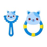 A baby rattle with a handle and a ring. A rattle with a cartoon cat for kids. A gift for newborns. vector