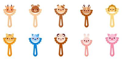 A baby rattle with a handle. A rattle with a cartoon animals for kids. A gift for newborns. Set vector