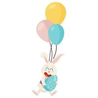 personaje de conejito. volando y riendo en tres globos divertido, feliz conejo de dibujos animados de pascua con huevo vector