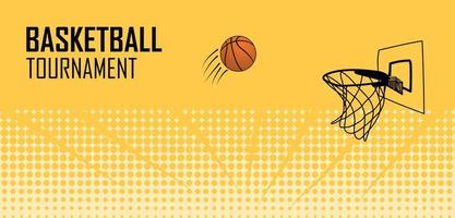 diseño de afiches de baloncesto con grunge de medio tono y aro de baloncesto sobre fondo amarillo vector