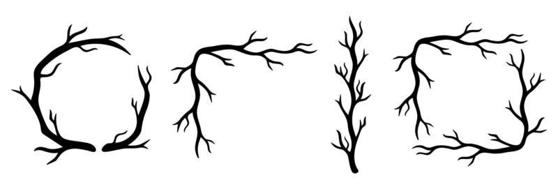 Halloween black doodle frames isolated. Hand drawn round, square frames, corners, line. Vector spooky elements of trees