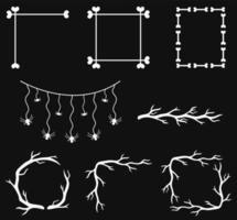 Set of halloween white doodle frames isolated. Hand drawn round, square frames, corners. Vector spooky elements of trees, bones, spiders