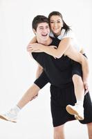 happy young couple fitness workout and fun photo