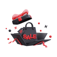 Black Friday Super Sale with opened gift boxes and shopping bag, Christmas and Happy New Year promotion, 3d rendering. png