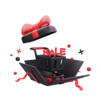 Black Friday Super Sale with opened gift boxes and shopping cart, Christmas and Happy New Year promotion, 3d rendering. png