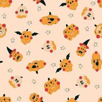 Vector pattern for Halloween day. A pattern with funny pumpkins in costumes. Vampire, Frankenstein, witch, ghost, pirate on a vector pattern. Happy Halloween.