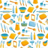 Seamless pattern with Colorful kitchen tools spade, knife, spatula, cutting board, masher, funnel, grater, rolling pin, spoons, cups. vector