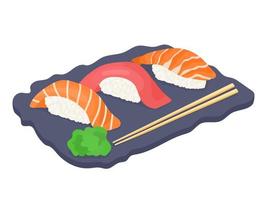 sushi japonés tradicional con atún, camarones y trucha. ilustración vectorial de comida con wasabi y palillos chinos. vector