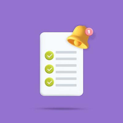 3d vector task management to do check list with reminder bell notification icon design