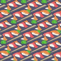 Seamless pattern with Traditional Japanese sushi with tuna, shrimp and trout. Vector illustration of food.