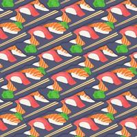 Seamless pattern with Traditional Japanese sushi with tuna, shrimp and trout. Vector illustration of food.