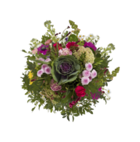 Bouquet of different varieties of flowers, top view with cut out isolated on background transparent png