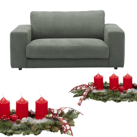 vela roja sofá y corona de navidad con recorte aislado sobre fondo transparente png