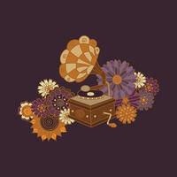 Boho halloween vintage gramophone and autumn flowers. Vector isolated illustration on a dark purple background.