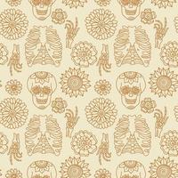 Boho Halloween Skeleton Man and flowers seamless pattern in retro style. Hand-drawn skull hand and chest. Abstract vintage texture vector