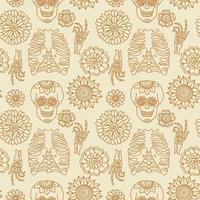 Boho Halloween Skeleton Man and flowers seamless pattern in retro style. Hand-drawn skull hand and chest. Abstract vintage texture vector