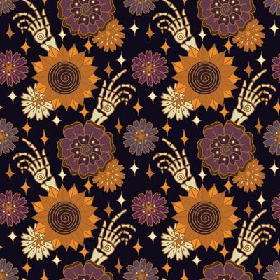 Boho Halloween bones and fall groovy flowers vintage magic seamless pattern. Skeleton hand brush and sunflowers vector illustration in retro 70s style.