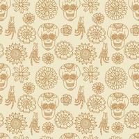 Flowers and Bones seamless pattern. Boho Halloween vector illustration. Skull and hands skeleton.
