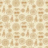 Flowers and Bones seamless pattern. Boho Halloween vector illustration. Skull and hands skeleton.