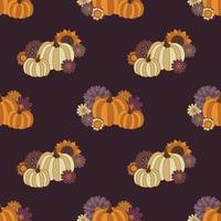 Hippie Hallloween Groovy Pumpkin seamless pattern. 70s vintage style vector illustration on dark violet background. Boho autumn flowers.