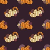 hippie hallloween patrón sin costuras de calabaza maravillosa. Ilustración de vector de estilo vintage de los años 70 sobre fondo violeta oscuro. flores de otoño boho.