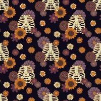 Bones and flowers boho Halloween seamless pattern. Chest with groovy daisies flowers. Magical vector illustration on a dark background.