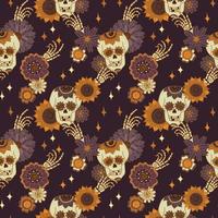 boho hallowen un patrón místico sin fisuras con una calavera y huesos de la mano. fondo mágico floral en un estilo retro. ilustración vectorial mística de estrellas y girasoles. vector