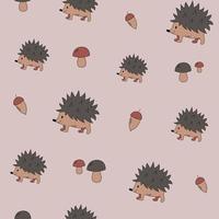 Cute cartoon little hedgehog pattern. Vector brown hedgehog pattern with mushrooms and acorns.
