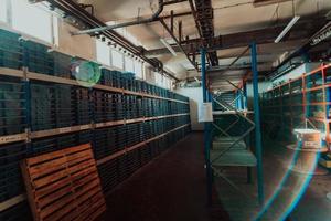 Gold mining storage rock core samples geology drilling industy. Large ore warehouse in modern industry, ores stacked in boxes. Selective focus photo