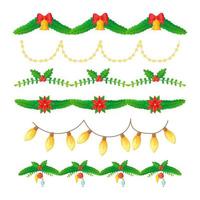 conjunto de guirnaldas adornadas de navidad. rama de abeto con bolas de navidad, lazos, velas, luces eléctricas. vector