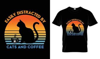 se distrae fácilmente con gatos y diseño de camisetas de café vector