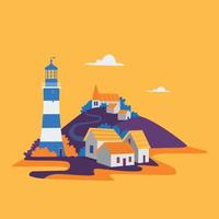 Card with lighthouse and houses on yellow background vector