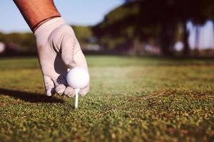 close up of golf players hand placing ball on tee photo