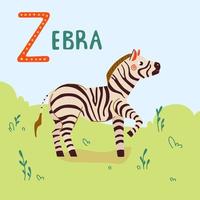 Zebra vector flat cartoon illustration. Cute african zebra on green grass on blue sky for prints, stickers, cards and kids design