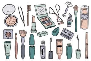 conjunto de garabatos de maquillaje con lápiz labial, crema, rímel, sombras, pinceles. maquillaje y gran colección de vectores cosméticos. belleza maquillaje moda garabatos