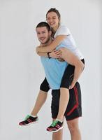 happy young couple fitness workout and fun photo