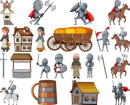 Medieval cartoon characters and objects vector