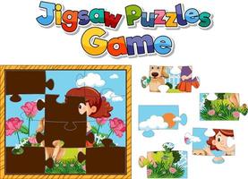 Girl and dog photo jigsaw puzzle game template vector